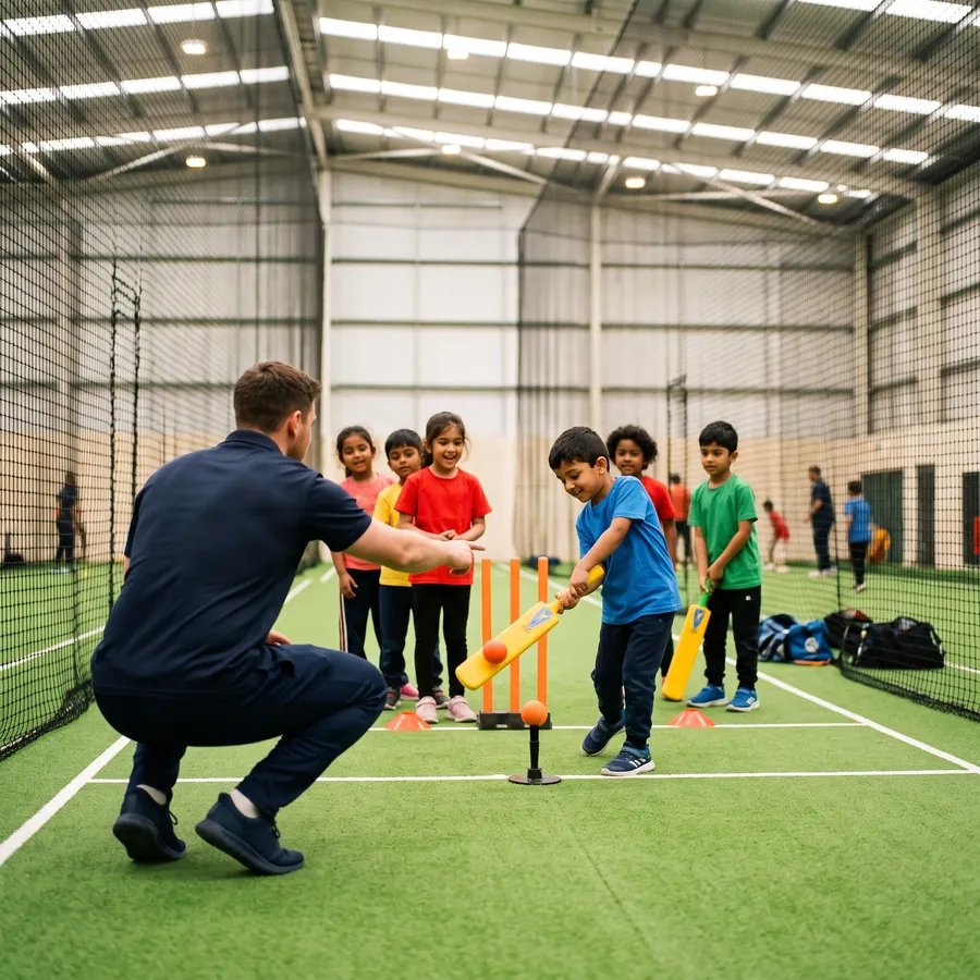 Young cricketers in a group coaching session