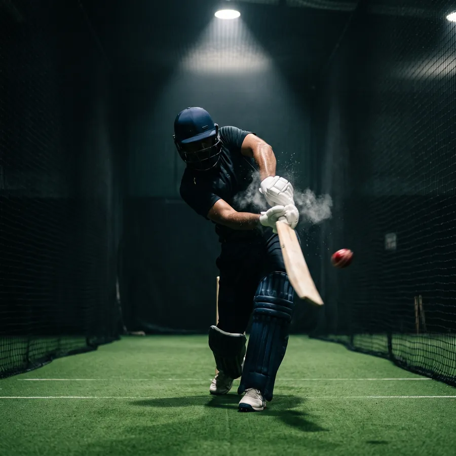 Batsman playing a powerful pull shot under dramatic lighting