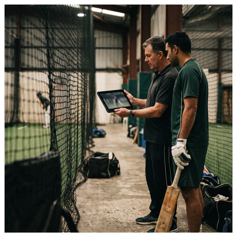 Coach reviewing video footage with a player in the nets