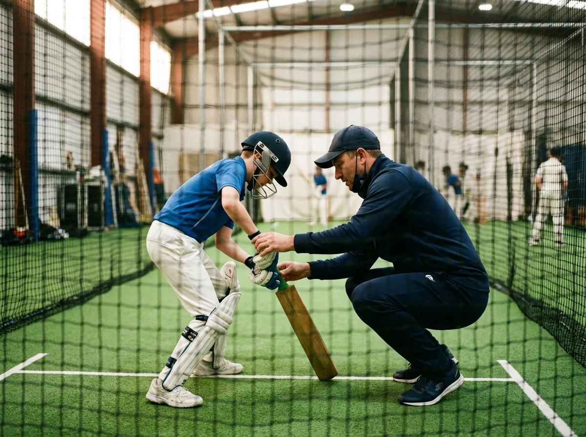 Coach adjusting a young cricketer's grip in the practice nets