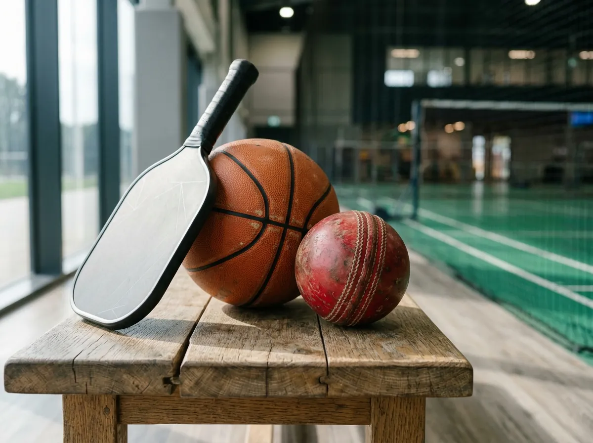 Cricket ball, baseball and gear on a bench