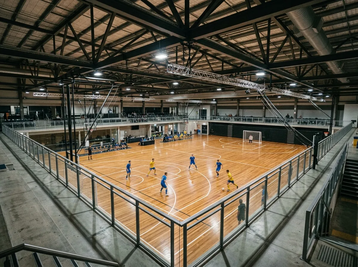 Overhead view of an indoor futsal match in progress