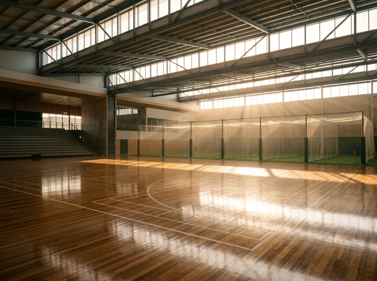 Empty indoor sports complex at dawn with sunlight across the court
