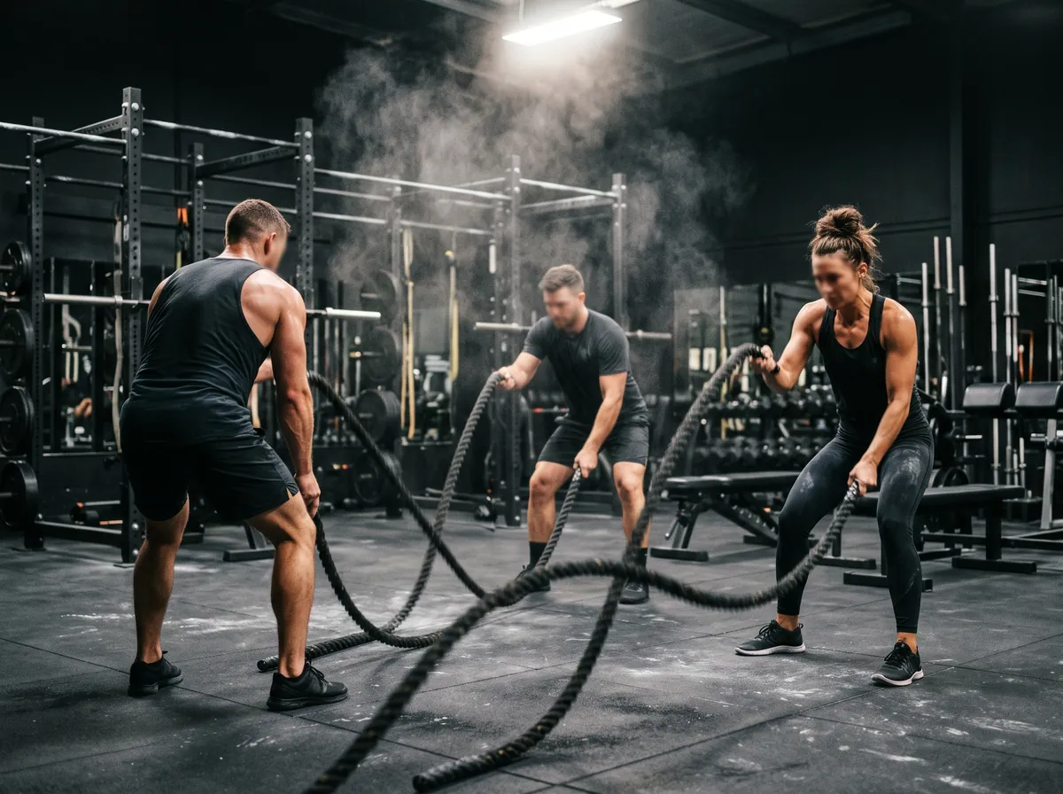 Group strength session with battle ropes and chalk dust