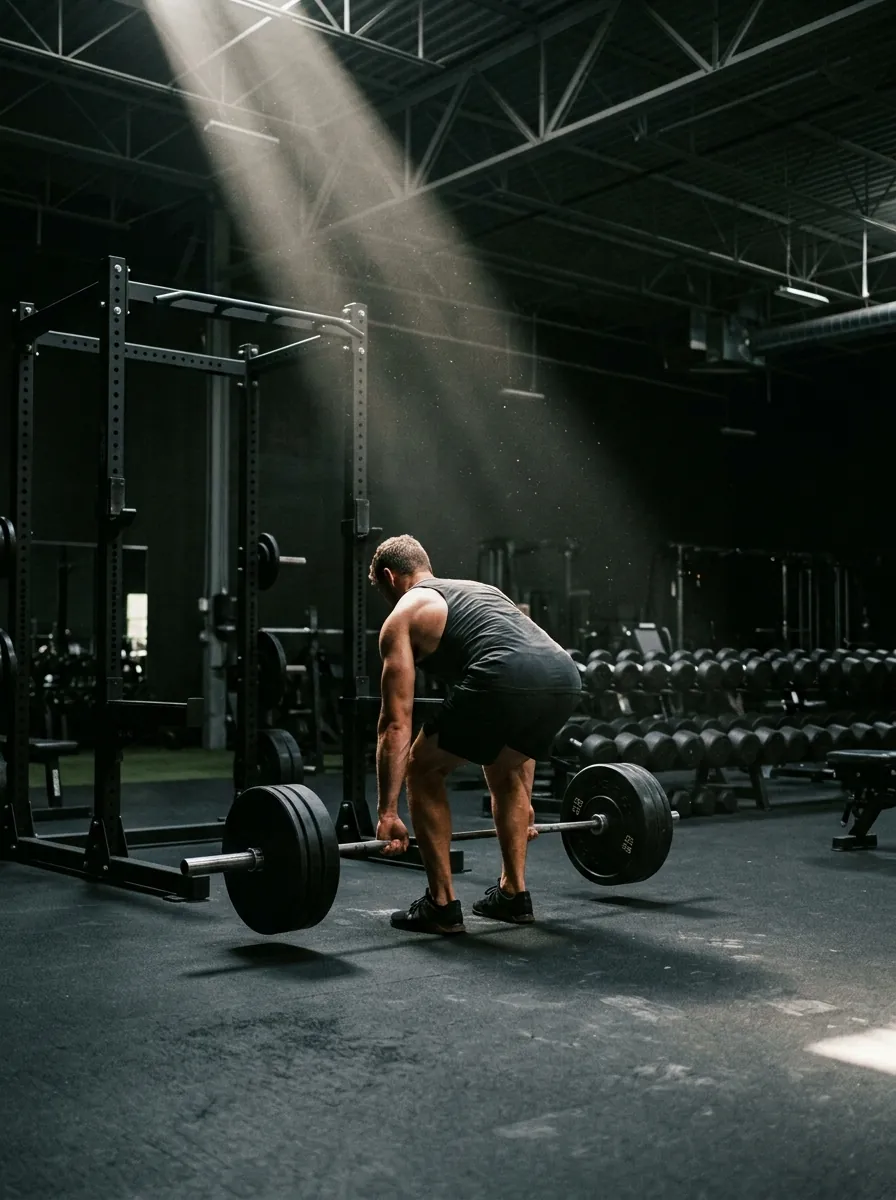 Athlete preparing to deadlift on a dark gym floor