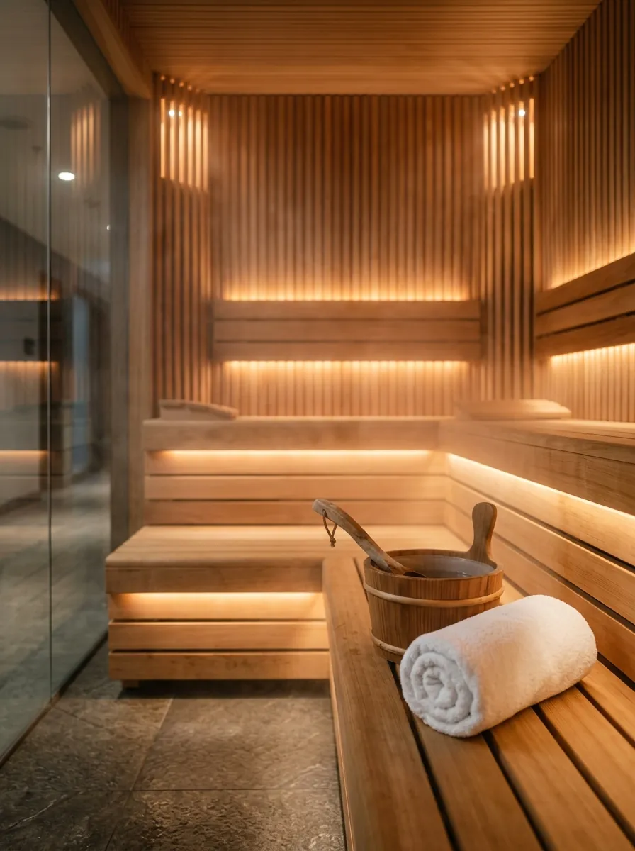 Warm cedar sauna interior with towel and ladle