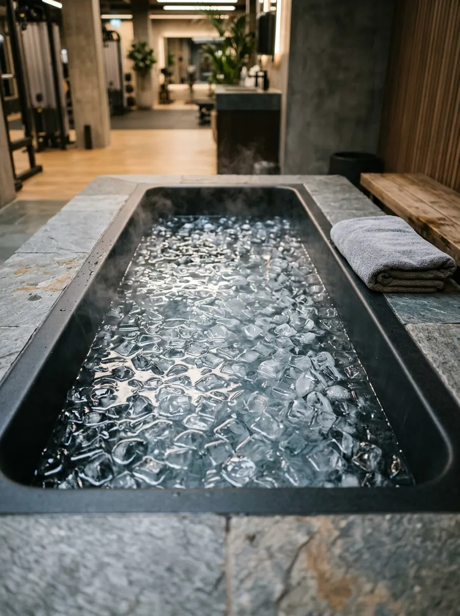 Cold plunge tub with ice and rising vapor