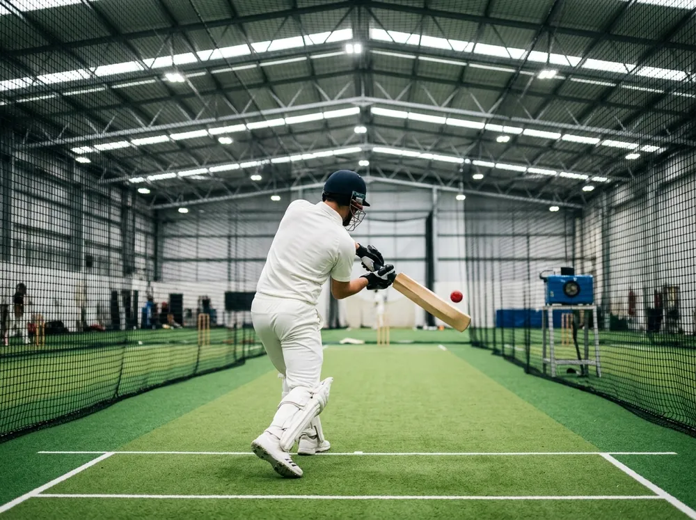 Batsman driving the ball in an indoor cricket lane